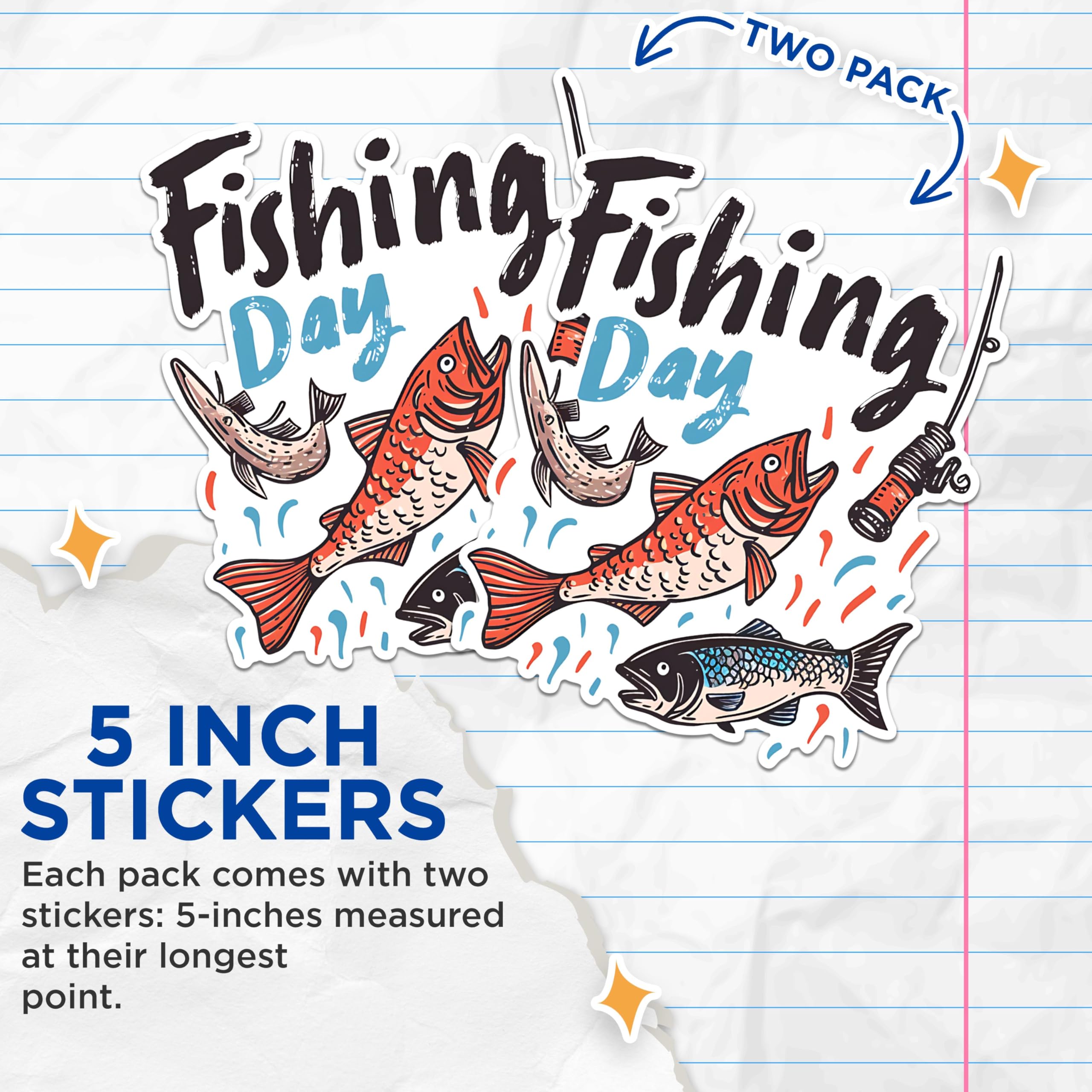 (2 Pack) Fishing Day Stickers - Fishing Rod Stickers - Fish Catching Stickers - 5" On Longest Side - Sticks to Any Smooth Flat Surface - Made in USA - BMCS2624