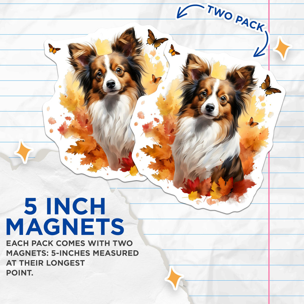 (2 Pack) Papillon Dog Magnets - Autumn Leaves Decor - Fall Pet Lover Present - 5 Inches On Longest Side - Thick Durable Magnet - Made in USA - MAG28785