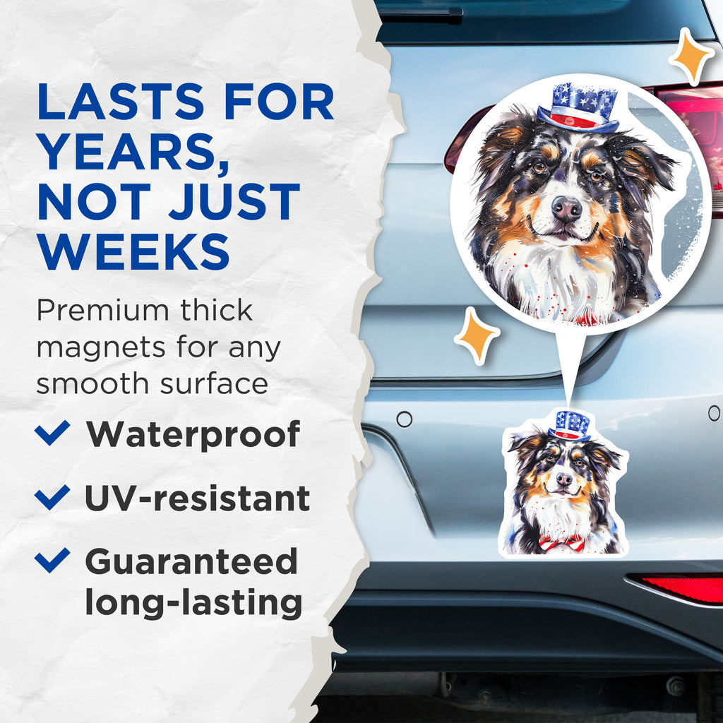 (2 Pack) Patriotic Australian Shepherd Magnets - American Flag Dog Decor - Fourth of July Home Accent - 5 Inches On Longest Side - Thick Durable Magnet - Made in USA - MAG38660