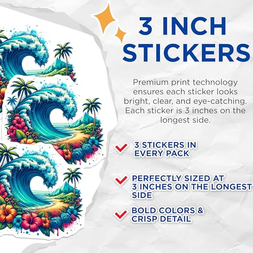 (3 Pack) Tropical Wave Decals - Floral Beach Design - Summer Vibe Decals- 3 Inches On Longest Side - Easy Peel & Apply - Made in USA - 3MCS5760