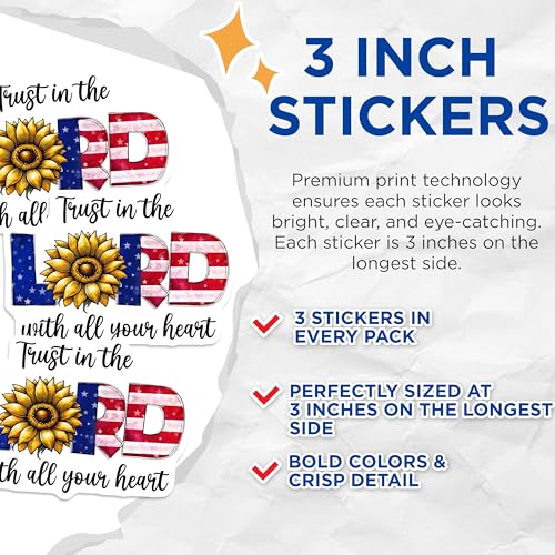 (3 Pack) Religious Decals - American Flag Decal - Sunflower Laptop Decal - 3 Inches On Longest Side - Easy Peel & Apply - Made in USA - 3MCS6637