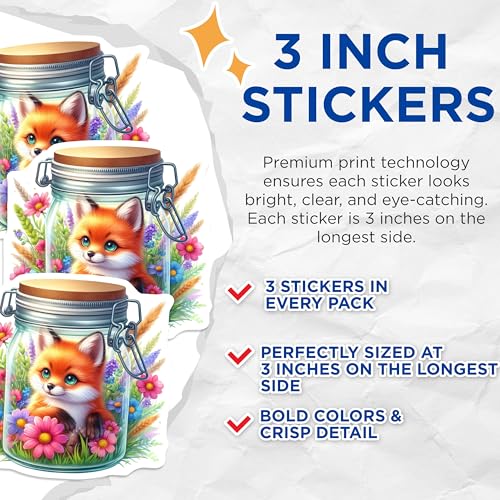 (3 Pack) Fox in Jar Decals - Floral Animal Decal - Cute Laptop Decal - 3 Inches On Longest Side - Easy Peel & Apply - Made in USA - 3MCS8121