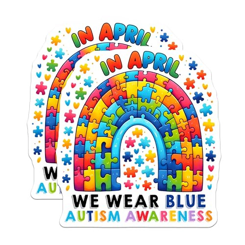 (2 Pack) Autism Awareness Stickers - Colorful Puzzle Piece Stickers - Blue We Wear Blue Stickers - 5" On Longest Side - Sticks to Any Smooth Flat Surface - Made in USA - BMCS3207