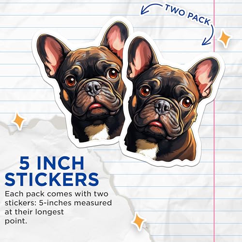 (2 Pack) French Bulldog Stickers - Dog Lover Stickers - Cute Puppy Stickers for Water Bottle Laptop - 5" On Longest Side - Sticks to Smooth Flat Surfaces - Made in USA - BMCS3946