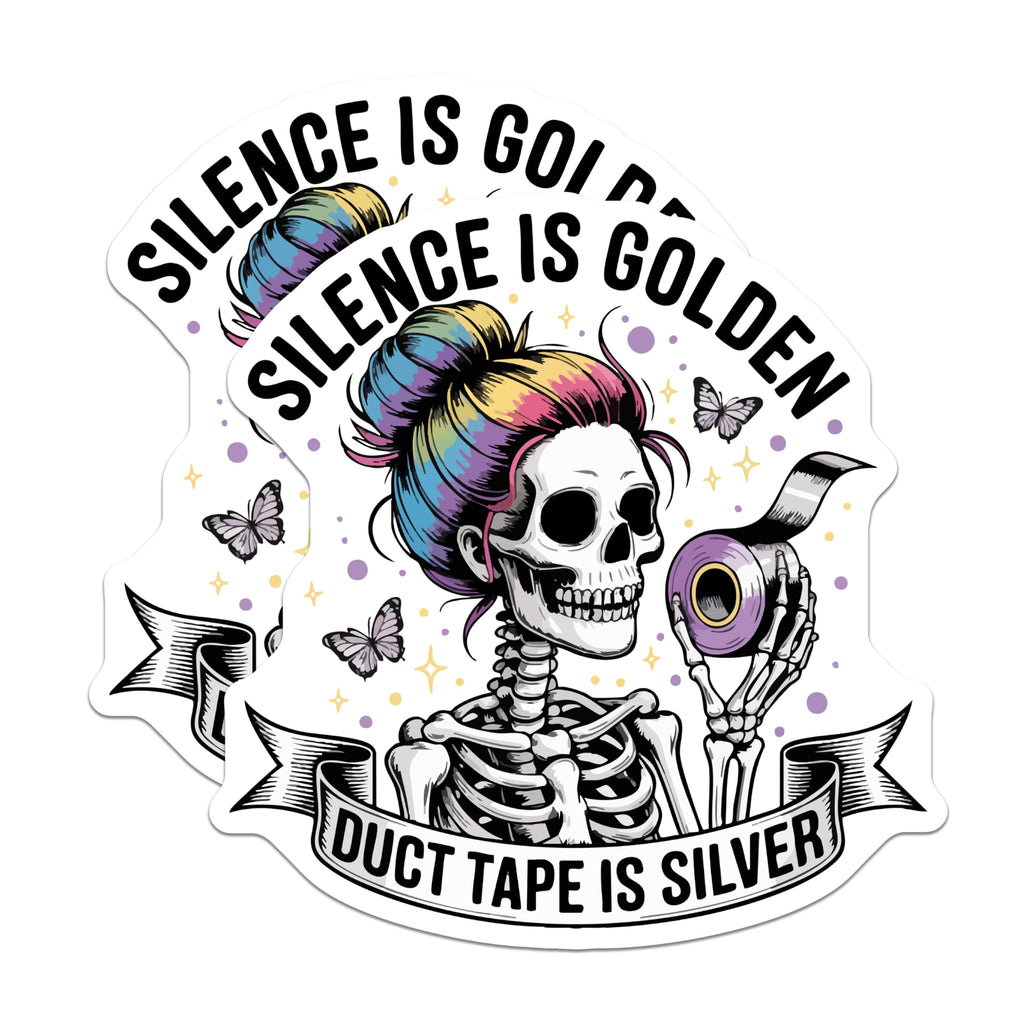 (2 Pack) Skeleton Duct Tape Magnets - Rainbow Hair Sarcastic Quote - Silence Golden Humorous Decor for Kitchen Locker - 5 Inches On Longest Side - Thick Durable Magnet - Made in USA - MAG21525