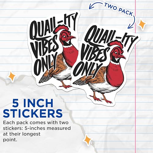(2 Pack) Quail-ity Vibes Only Stickers - Funny Bird Stickers - Quirky Animal Pun Decor - 5" On Longest Side - Sticks to Smooth Flat Surfaces - Made in USA - BMCS4255