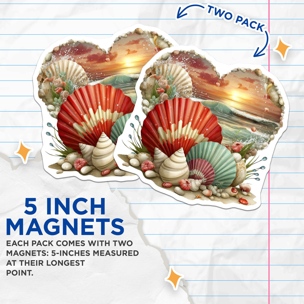 (2 Pack) Heart Seashell Magnets - Ocean Beach Decor - Coastal Kitchen Aesthetic - 5 Inches On Longest Side - Thick Durable Magnet - Made in USA - MAG39844
