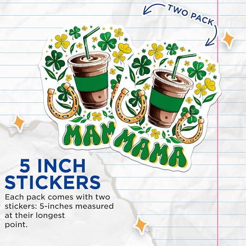 (2 Pack) Coffee Mama Stickers - Shamrock Design - Horseshoe Graphics - 5" On Longest Side - Sticks to Smooth Flat Surfaces - Made in USA - BMCS8403