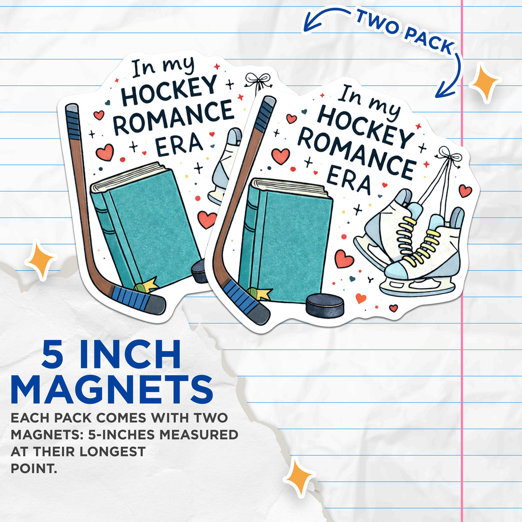 (2 Pack) Hockey Romance Era Magnets - BookTok Reader - Ice Hockey Fan Decor - 5 Inches On Longest Side - Thick Durable Magnet - Made in USA - MAG38428