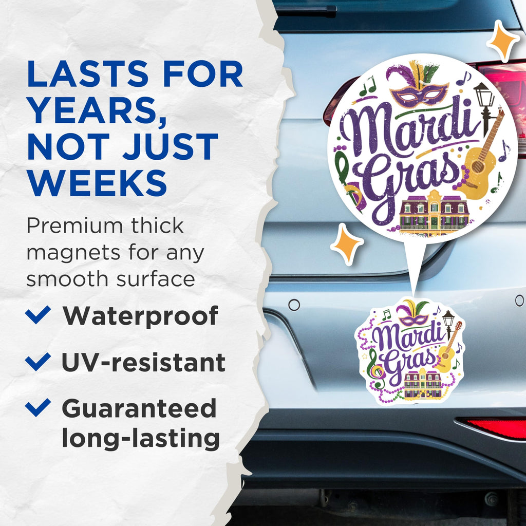 (2 Pack) Mardi Gras Magnets - Carnival Party Decor - New Orleans Fridge Magnets - 5" On Longest Side - Premium Magnet - for Cars, Refrigerators, Toolboxes, Lockers - Made in USA - MAG15896