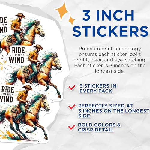(3 Pack) Cowboy Horse Decals - Ride Like The Wind - Western Decals- 3 Inches On Longest Side - Easy Peel & Apply - Made in USA - 3MCS5690