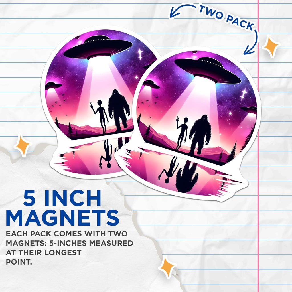(2 Pack) Alien Bigfoot Magnets - UFO Extraterrestrial Space Abduction Art - Cryptid Cosmic Encounter Decor - 5 Inches On Longest Side - Thick Durable Magnet - Made in USA - MAG22954