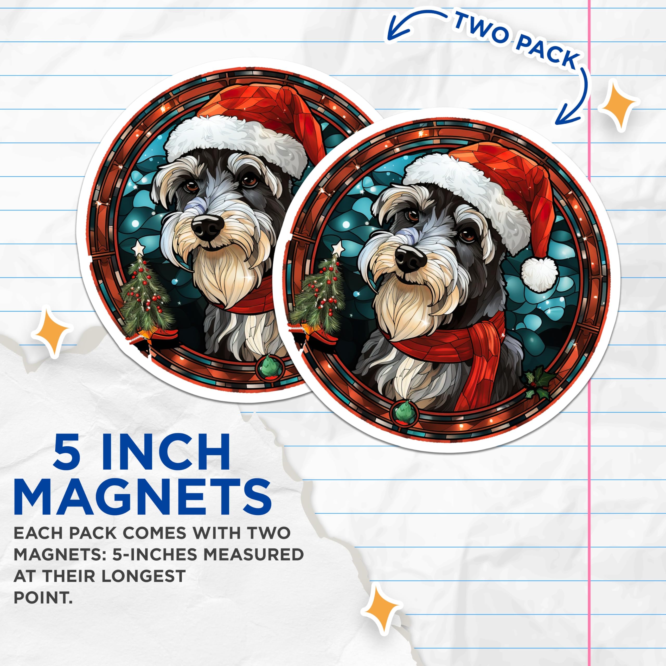 (2 Pack) Christmas Schnauzer Magnets - Stained Glass Dog - Holiday Pet Magnets - 5 Inches On Longest Side - Thick Durable Magnet - Made in USA - MAG30423