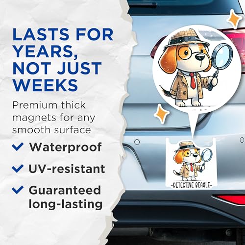 (2 Pack) Detective Beagle Magnets - Cartoon Beagle Inspector - Whimsical Detective Dog Magnets - 5" On Longest Side - for Cars, Fridges, Toolboxes - Made in USA - MAG3638