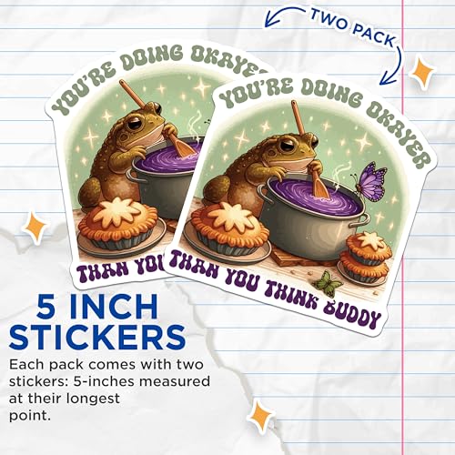 (2 Pack) Encouraging Frog Stickers - Animal Cooking - Inspirational Quotes - 5" On Longest Side - Sticks to Smooth Flat Surfaces - Made in USA - BMCS5948