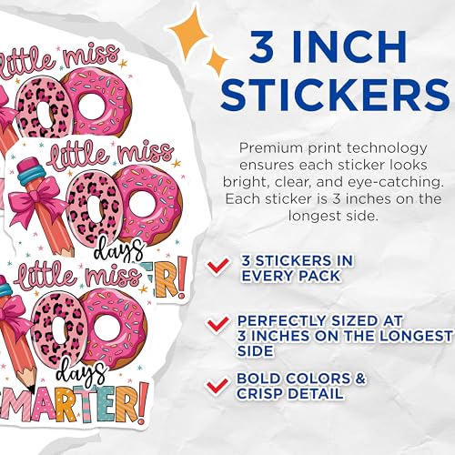 (3 Pack) 100 Days Smarter Decals - Little Miss Donuts - School Laptop Sticker - 3 Inches On Longest Side - Easy Peel & Apply - Made in USA - 3MCS2296