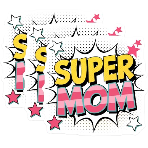 (3 Pack) Super Mom Decals - Comic Style Art - Mother's Day Decals - 3 Inches On Longest Side - Easy Peel & Apply - Made in USA - 3MCS6474