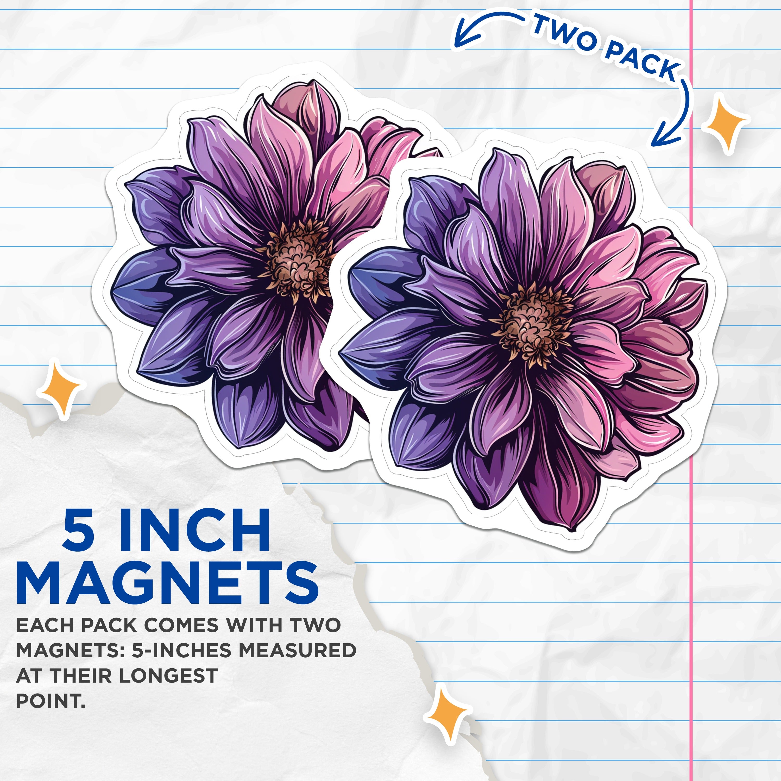 (2 Pack) Purple Flower Magnets - Vibrant Botanical Decor - Aesthetic Fridge Locker Magnets for Women - 5 Inches On Longest Side - Thick Durable Magnet - Made in USA - MAG37267