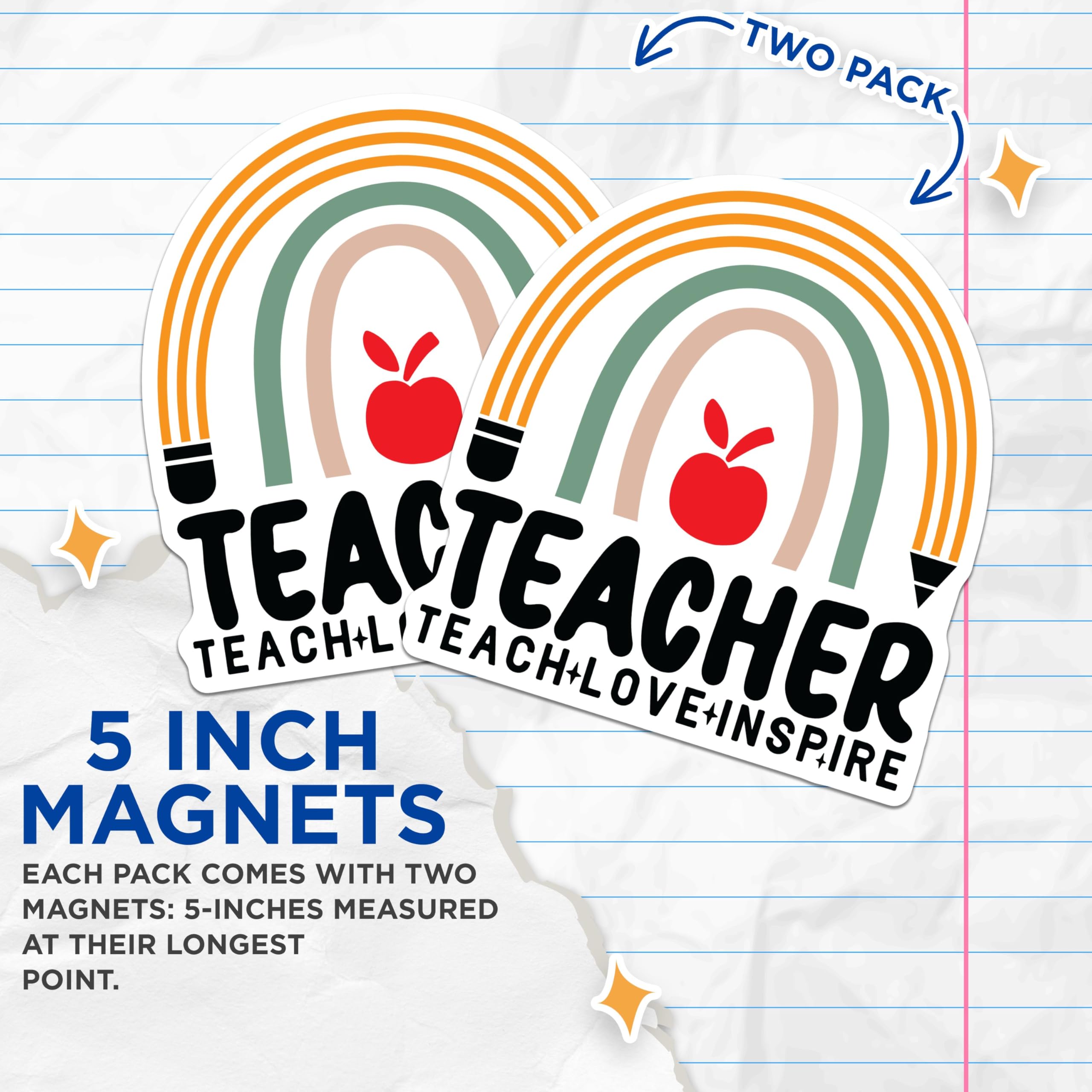 (2 Pack) Teacher Teach Love Inspire Magnets - Rainbow Teacher Decoration - Apple Pencil Teacher - 5" On Longest Side - for Cars, Refrigerators, Lockers - Made in USA BMCS3106