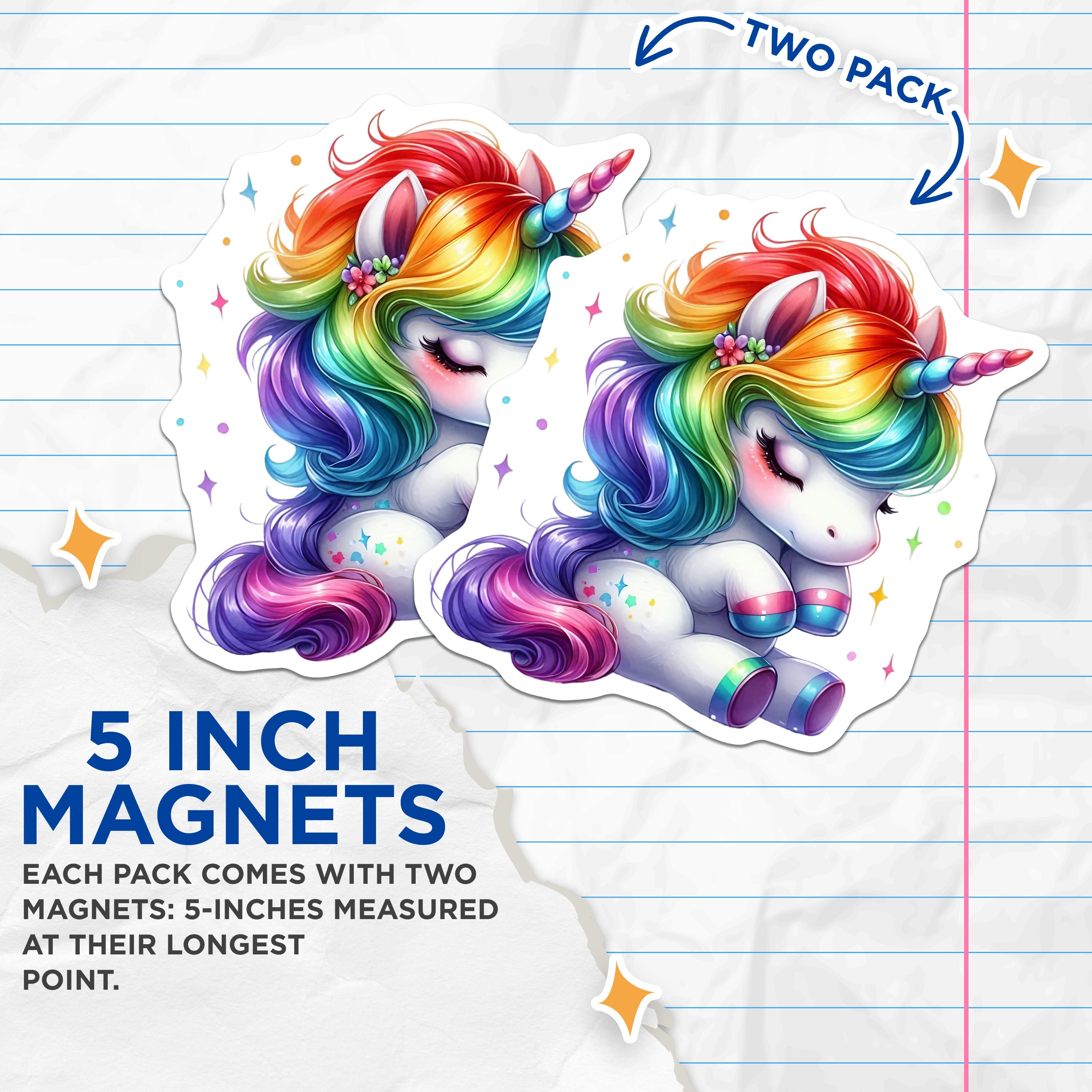 (2 Pack) Kawaii Unicorn Magnets - Rainbow Fantasy Decor - Cute Magical Creature - Kids Room Accent - 5 Inches On Longest Side - Thick Durable Magnet - Made in USA - MAG36352