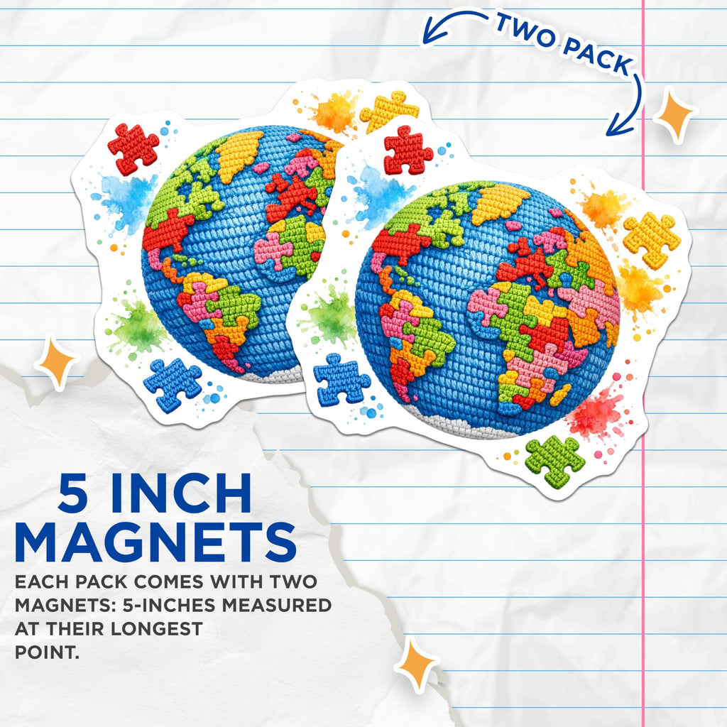 (2 Pack) Vibrant Puzzle Globe Magnets - Crochet Earth Map Decor - Autism Awareness Inclusion Art - 5 Inches On Longest Side - Thick Durable Magnet - Made in USA - MAG20426