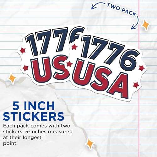(2 Pack) Patriotic 1776 USA Stickers - Independence Day Stickers - American Pride Stickers - 5" On Longest Side - Sticks to Smooth Flat Surfaces - Made in USA - BMCS3884