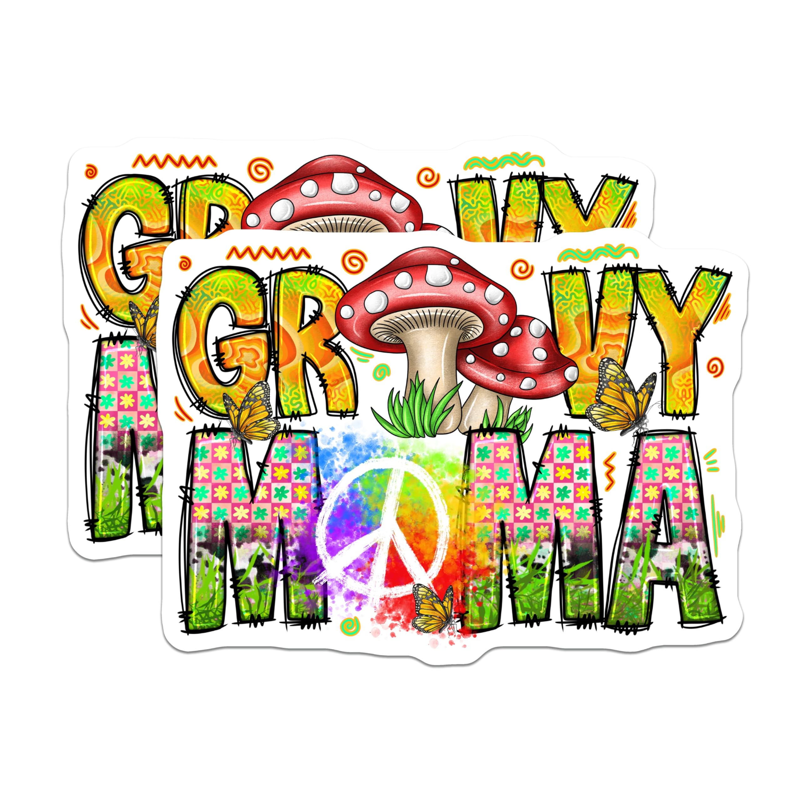 (2 Pack) Groovy Mamma Magnets - Hippie Mom Decor - Retro Mama Fridge Accessory - 70s Vibes Peace Sign Butterfly Mushroom - 5 Inches On Longest Side - Thick Durable Magnet - Made in USA - MAG26224