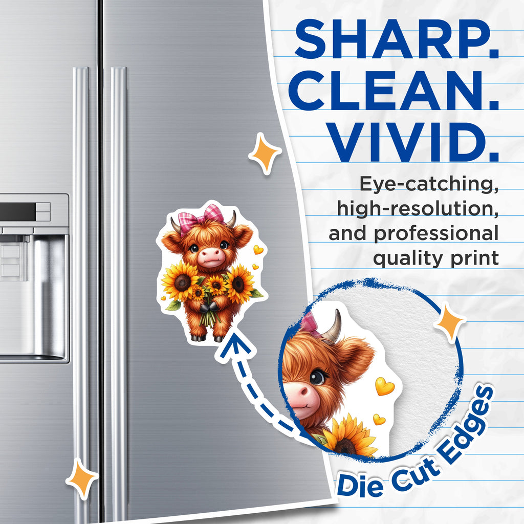 (2 Pack) Cute Highland Cow Magnets - Sunflower Farm Animal Decor - Kawaii Kitchen Refrigerator - 5 Inches On Longest Side - Thick Durable Magnet - Made in USA - MAG38438