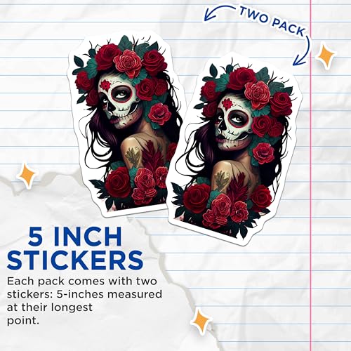 (2 Pack) Sugar Skull Stickers - Day of The Dead Art - Floral Skull Tattoo Sticker - 5" On Longest Side - Sticks to Smooth Flat Surfaces - Made in USA - BMCS9202 - BMCS9202