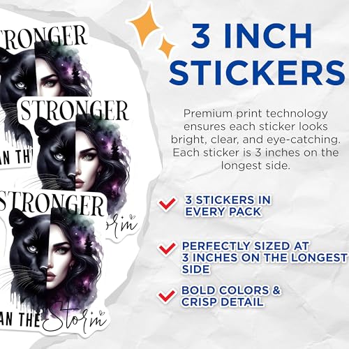 (3 Pack) Stronger Than The Storm Decals - Woman Panther Decals - Empowering Decal - 3 Inches On Longest Side - Easy Peel & Apply - Made in USA - 3MCS7992