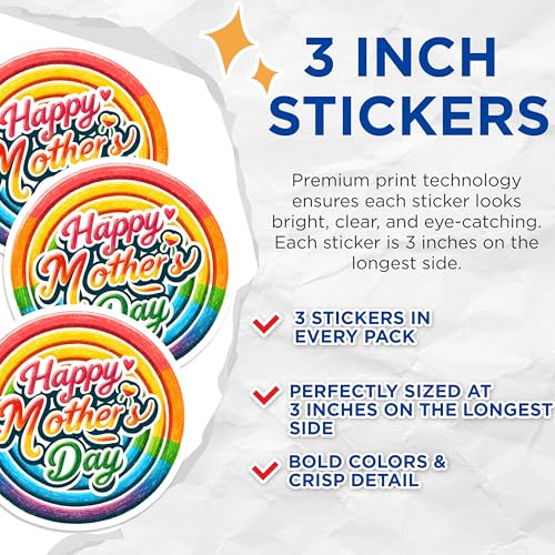 (3 Pack) Happy Mothers Day Decals - Rainbow - Laptop Decal - 3 Inches On Longest Side - Easy Peel & Apply - Made in USA - 3MCS7771