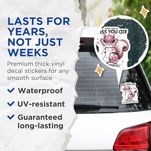 (2 Pack) Piss You Off Funny Squirrel Stickers - Cute Animal Cartoon Stickers - Humorous Quote Stickers - 5" On Longest Side - Sticks to Smooth Flat Surfaces - Made in USA - BMCS4053
