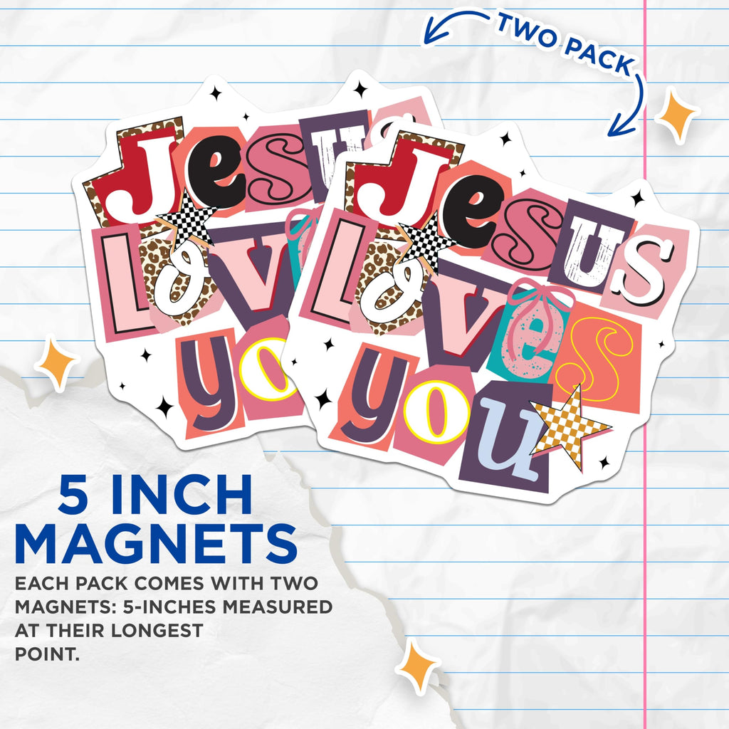 (2 Pack) Jesus Loves You Magnets - Christian Faith Home Decor - Inspirational Scripture Art - Retro Scrapbook Design - 5 Inches On Longest Side - Thick Durable Magnet - Made in USA - MAG19708