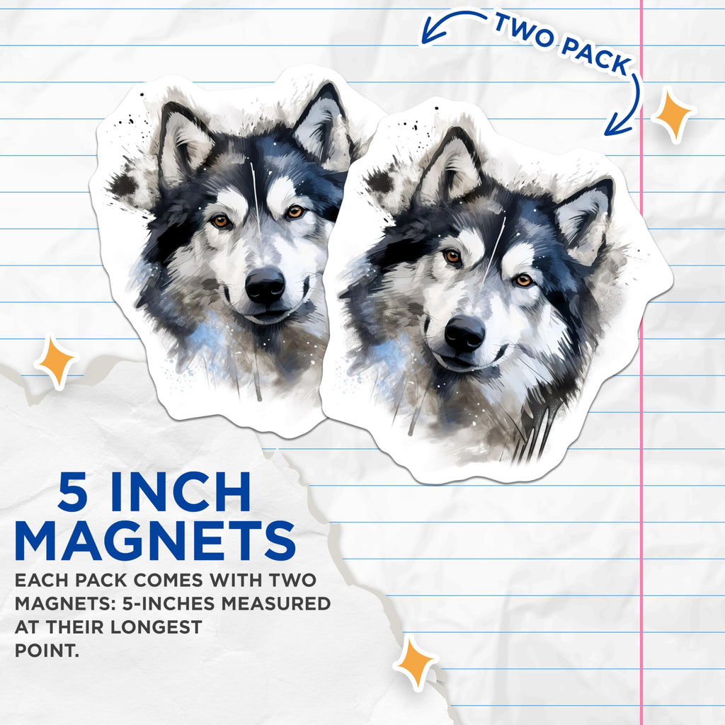 (2 Pack) Husky Dog Head Magnets - Watercolor Art Animal - Malamute Pet Lover - 5 Inches On Longest Side - Thick Durable Magnet - Made in USA - MAG29564