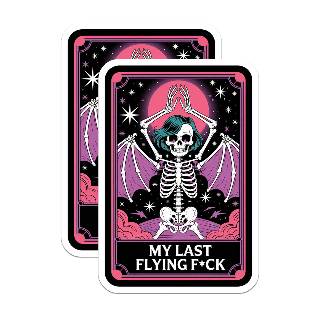 (2 Pack) Sarcastic Skeleton Magnets - Bat Wing Skull Tarot Card Art - Humorous Gothic Refrigerator Decor Statement - 5 Inches On Longest Side - Thick Durable Magnet - Made in USA - MAG21466