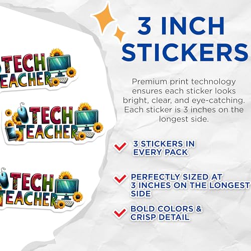 (3 Pack) Tech Teacher Decals - Computer Teacher - Educator Stickers - 3 Inches On Longest Side - Easy Peel & Apply - Made in USA - 3MCS6810