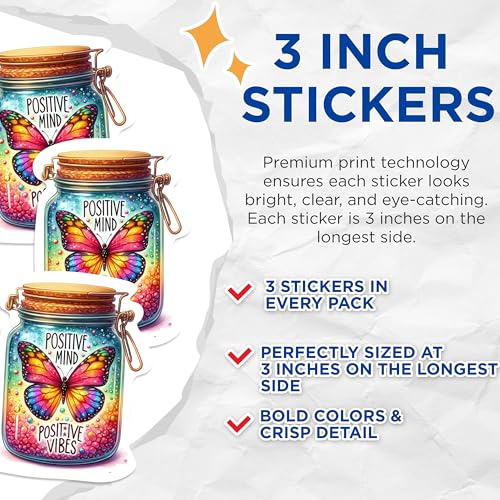 (3 Pack) Butterfly Decals - Positive Mind Decal - Positive Vibes Decal - 3 Inches On Longest Side - Easy Peel & Apply - Made in USA - 3MCS1180