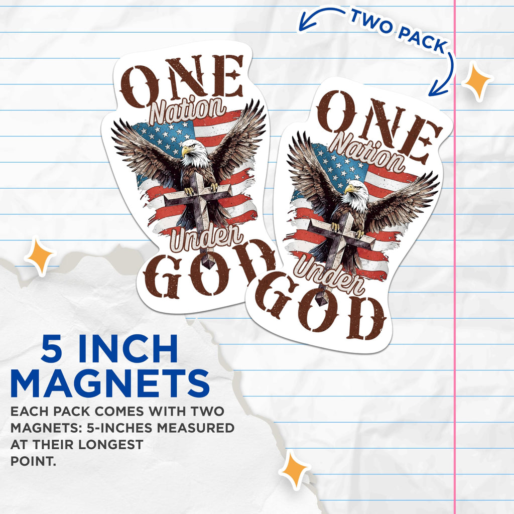 (2 Pack) One Nation Under God Magnets - Bald Eagle On Cross American Flag - 5 Inches On Longest Side - Premium Magnet - for Cars, Refrigerators, Toolboxes - Made in USA - MAG2242