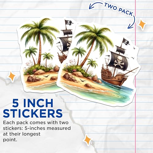 (2 Pack) Pirate Ship Stickers - Tropical Palm Tree Decals - Skull and Crossbones Stickers - 5" On Longest Side - Sticks to Smooth Flat Surfaces - Made in USA - BMCS6770