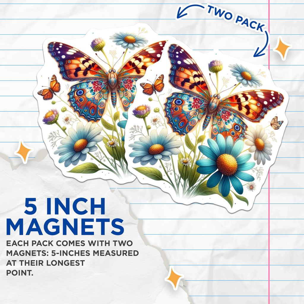 (2 Pack) Vibrant Butterfly Magnets - Bohemian Floral Daisy Decor - Whimsical Summer Spring Art - 5 Inches On Longest Side - Thick Durable Magnet - Made in USA - MAG36659