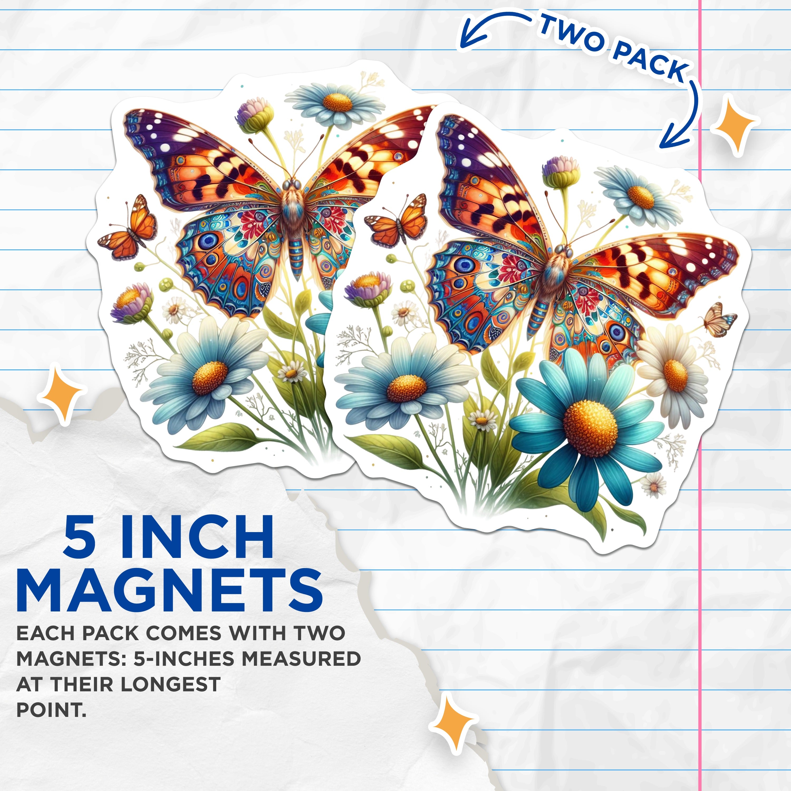 (2 Pack) Vibrant Butterfly Magnets - Bohemian Floral Daisy Decor - Whimsical Summer Spring Art - 5 Inches On Longest Side - Thick Durable Magnet - Made in USA - MAG36659