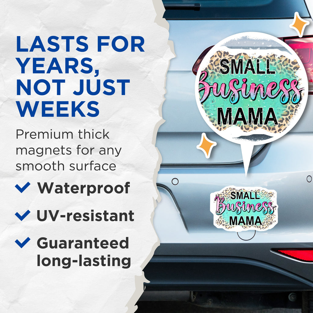 (2 Pack) Small Business Mama Magnets - Entrepreneur Mom Decor - Boss Mom Refrigerator Accessory - Leopard Print Vibe - 5 Inches On Longest Side - Thick Durable Magnet - Made in USA - MAG37049
