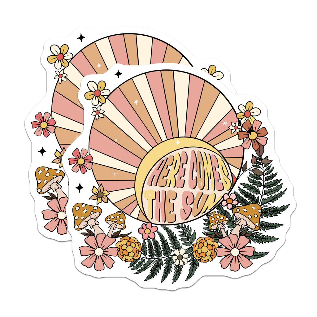 (2 Pack) Here Comes The Sun Magnets - Retro Floral Mushroom Decor - Positive Vibes Kitchen Accent - 5 Inches On Longest Side - Thick Durable Magnet - Made in USA - MAG39747