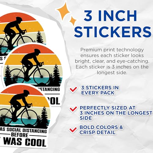 (3 Pack) Cycling Decals - Social Distancing - Laptop Decals - 3 Inches On Longest Side - Easy Peel & Apply - Made in USA - 3MCS2872