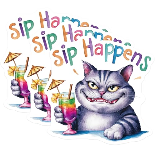 (3 Pack) Funny Cat Decals - Sip Happens - Cocktail Lover - Laptop Stickers - 3 Inches On Longest Side - Easy Peel & Apply - Made in USA - 3MCS7318