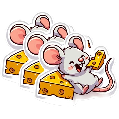 (3 Pack) Cartoon Mouse Decals - Cheese Lover Art - Cute Laptop Decal - 3 Inches On Longest Side - Easy Peel & Apply - Made in USA - 3MCS0995