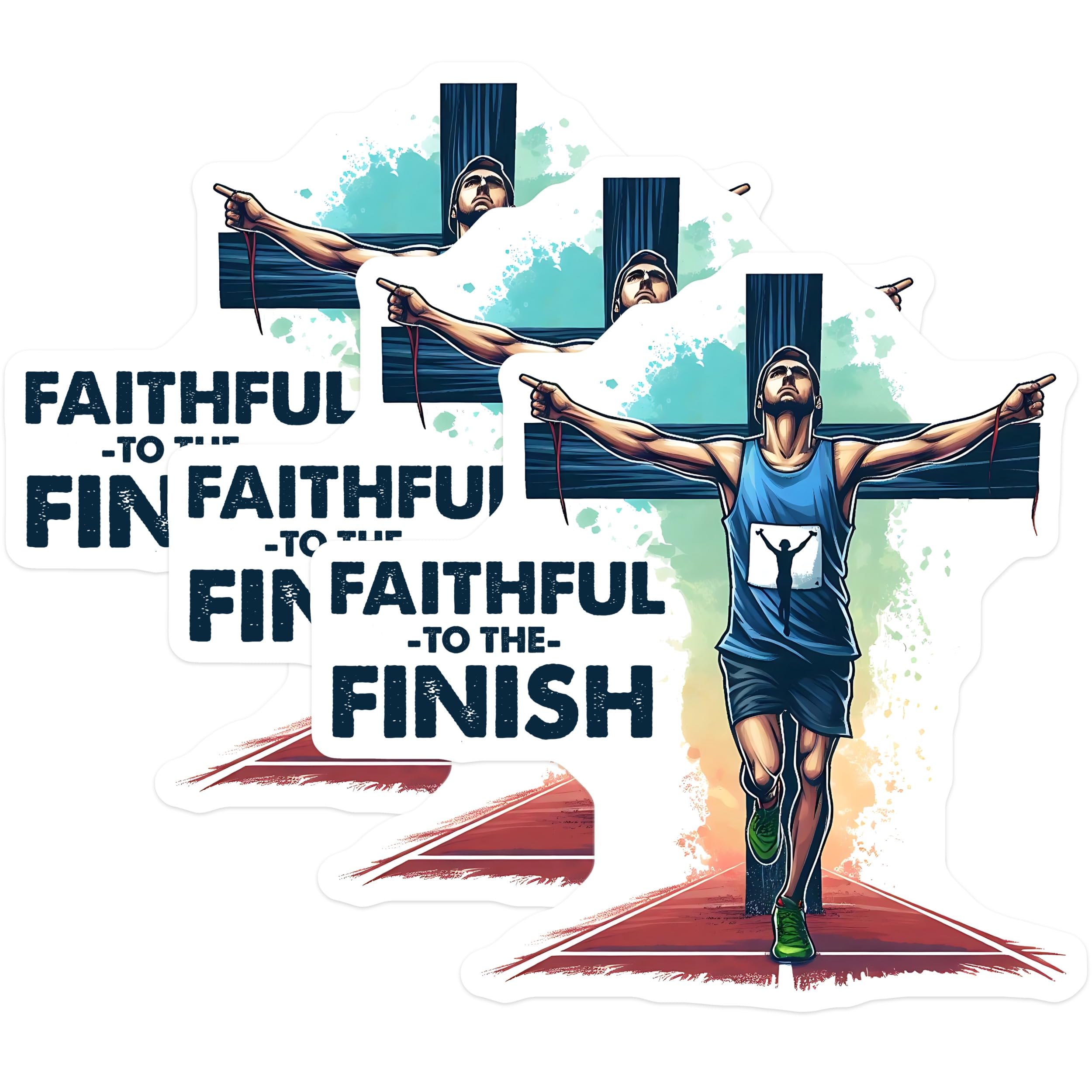 (3 Pack) Marathon Runner Decals - Christian Athlete Stickers - Faith to Finish Line Decals - 3 Inches On Longest Side - Easy Peel & Apply - Made in USA - 3MCS8403