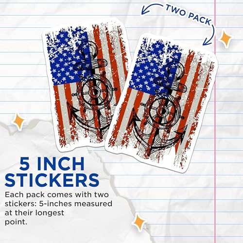 (2 Pack) Nautical Anchor Stickers - American Flag Stickers - USA Patriotic Stickers - 5" On Longest Side - Sticks to Smooth Flat Surfaces - Made in USA - BMCS5211