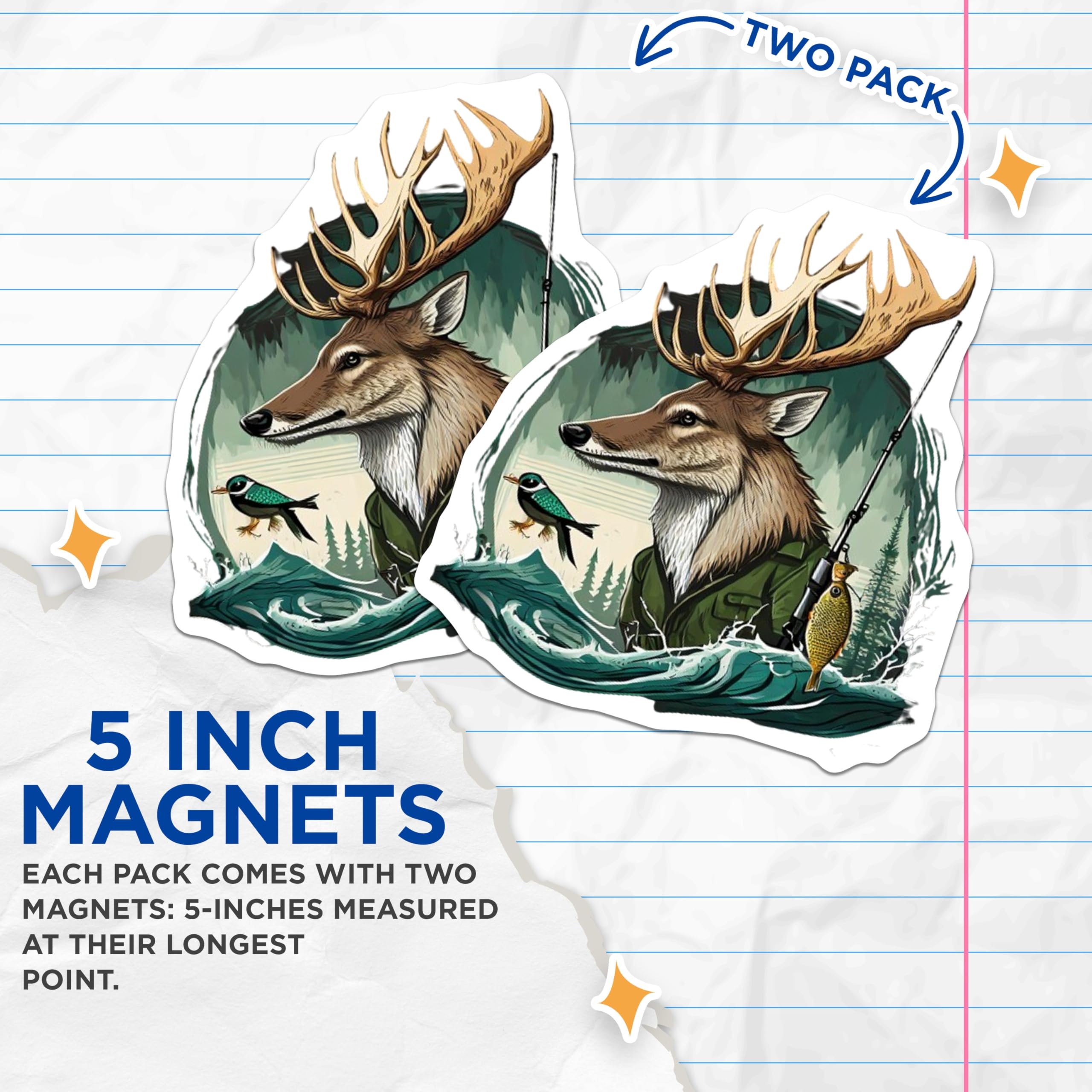 (2 Pack) Antlered Deer Fisherman Magnets - Outdoor Adventure Refrigerator Decor - Woodland Wildlife Scene Art - 5 Inches On Longest Side - Thick Durable Magnet - Made in USA - MAG22820