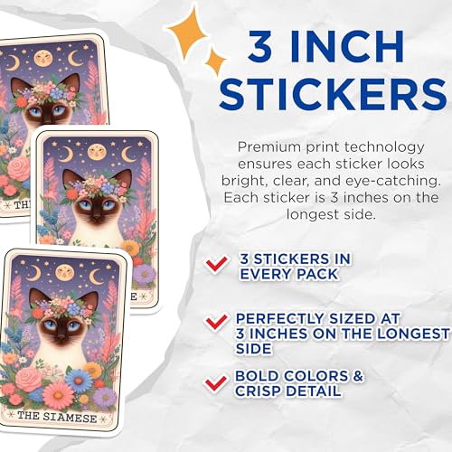 (3 Pack) Siamese Cat Decals - Floral Crown Kitty - Moon Star Laptop Decal - 3 Inches On Longest Side - Easy Peel & Apply - Made in USA - 3MCS4075